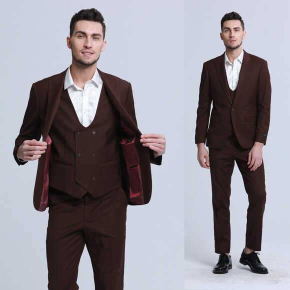 Men's Skinny-Fit 3-Piece Suit w/ Double-Breasted Vest, Dark Brown - Picture 1 of 7